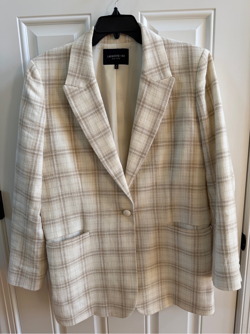 Lafayette 148 New York Cream and Taupe Plaid Blazer